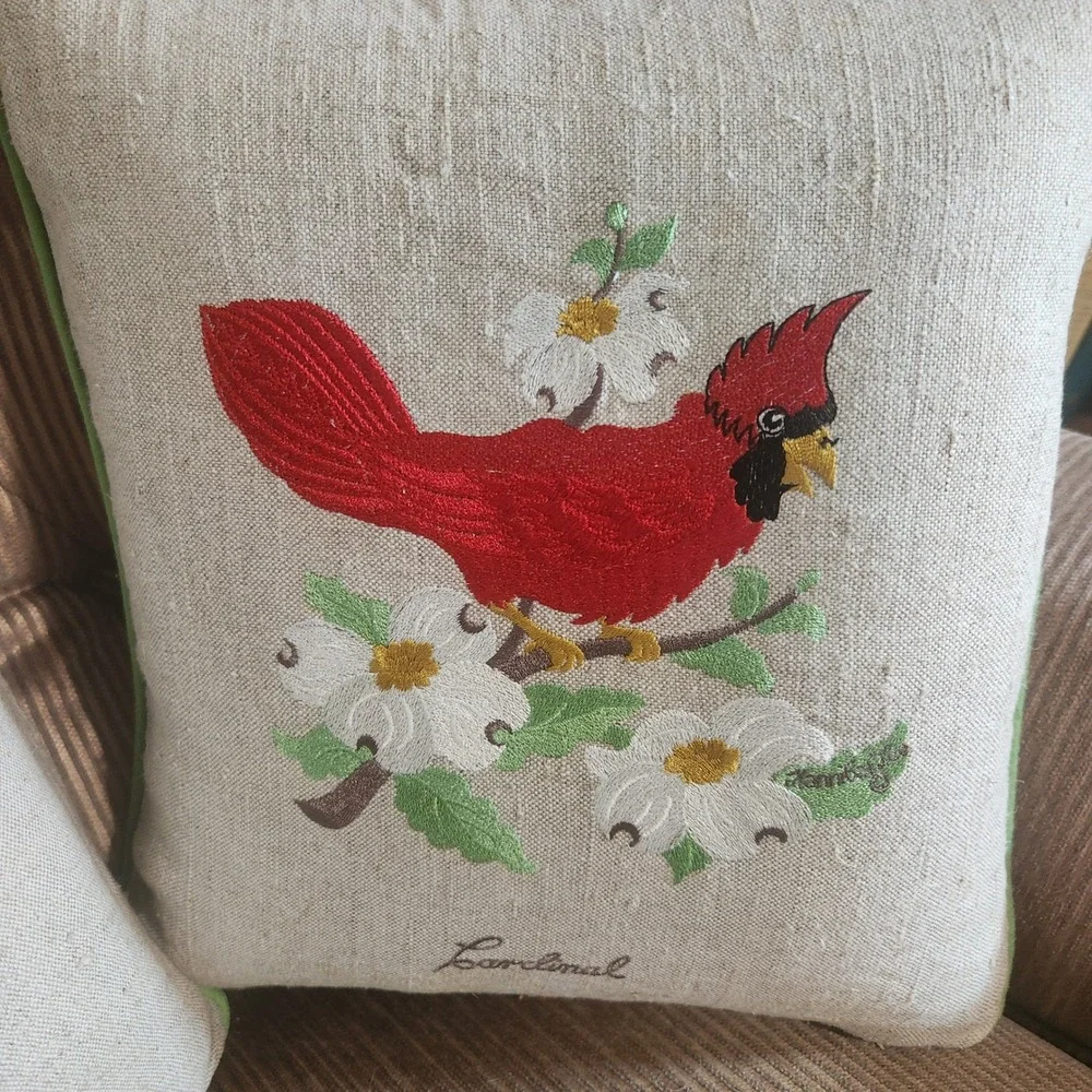 Set of 3 Embroidered Bird Throw Pillows Robin Goldfinch Cardinal 12x12 Accent